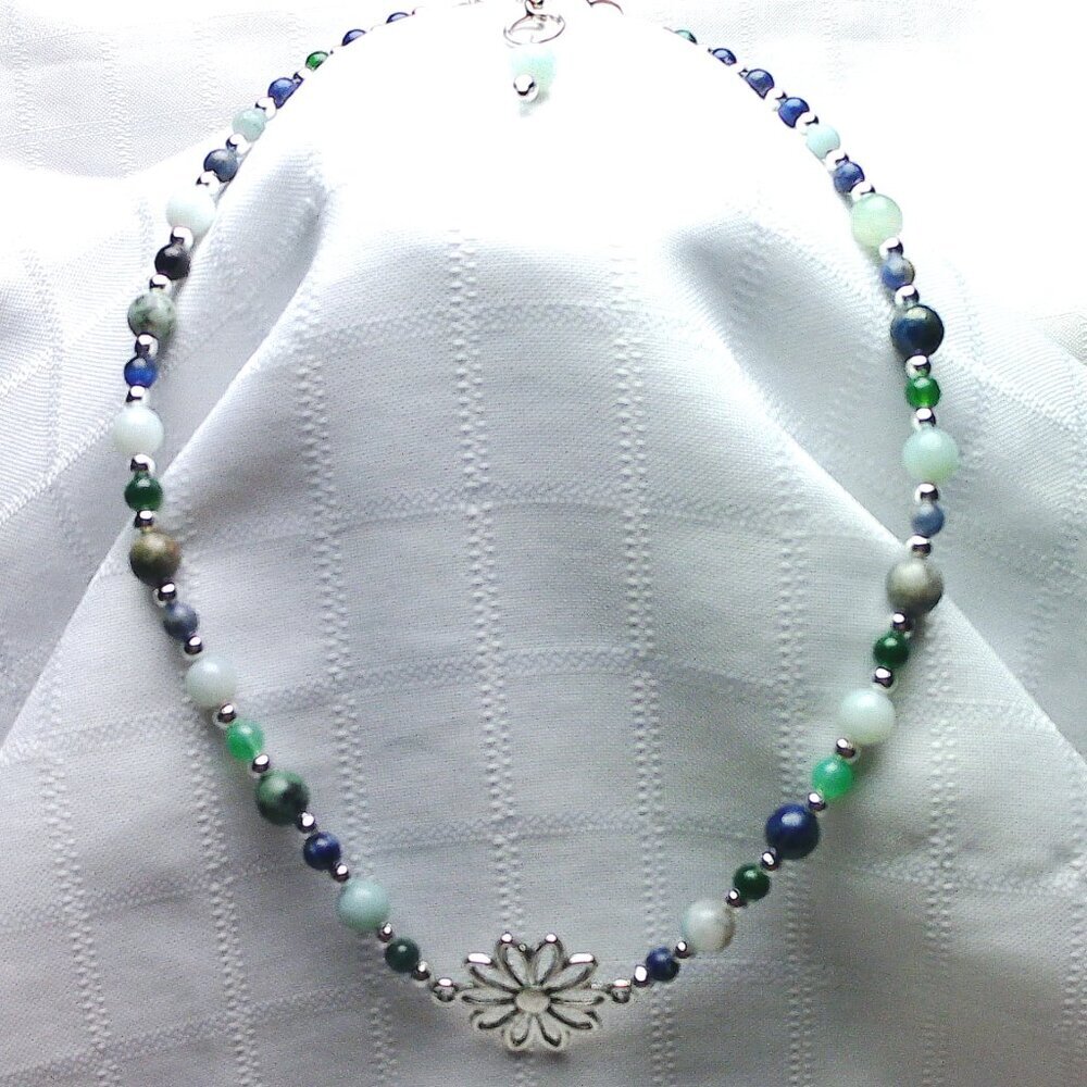 No1820 Handmade necklace with Tibetan silver charm, polished stones